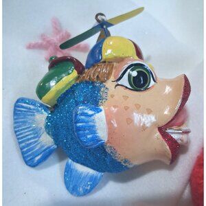 Katherines Collection Fish Ornament With Propeller Hat & Pencil Detailing - Hand
